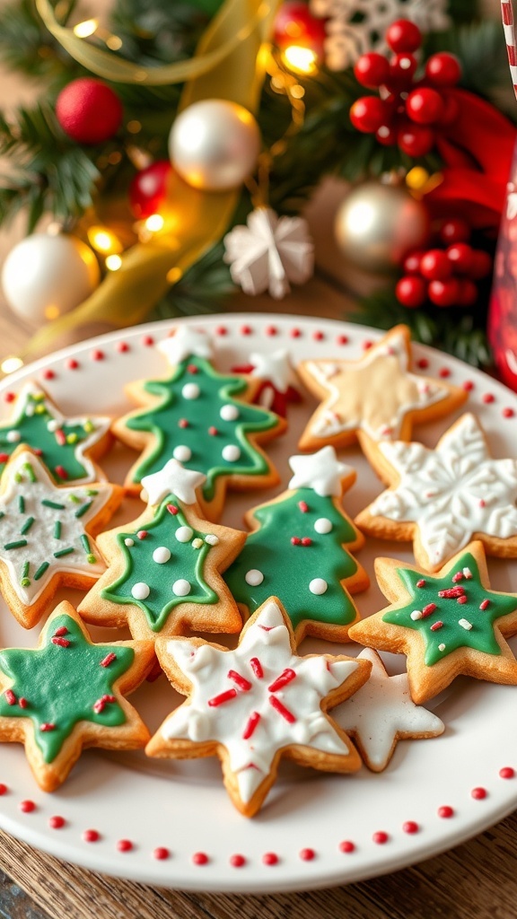 A plate of decorated butter Christmas cookies in festive shapes with colorful icing and sprinkles.
